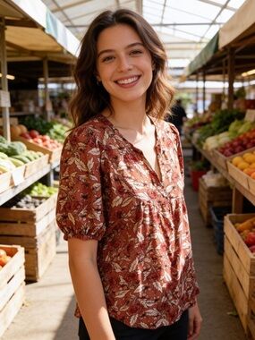 Unbranded mauve pink orange floral blouse size XL short sleeve peasant v neck